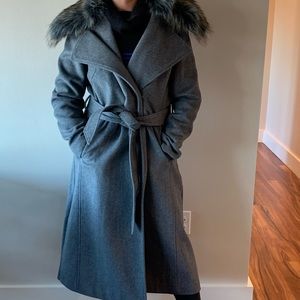 KARL LAGERFELD FAUX FUR-TRIMMED BELTED COAT